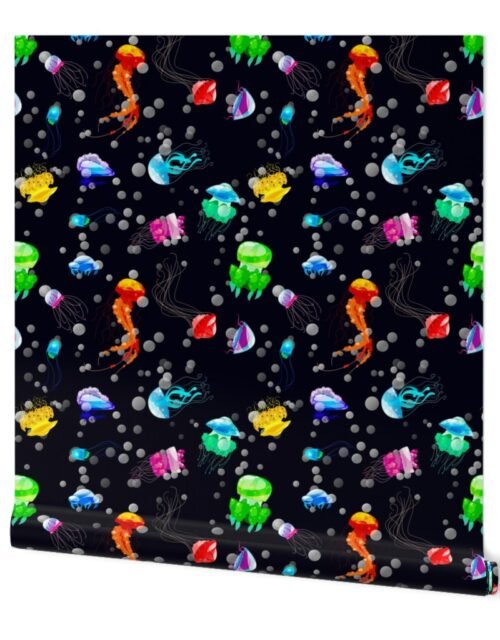 Bright Neon Rainbow Colored Jellyfish in Black Sea Blue Wallpaper