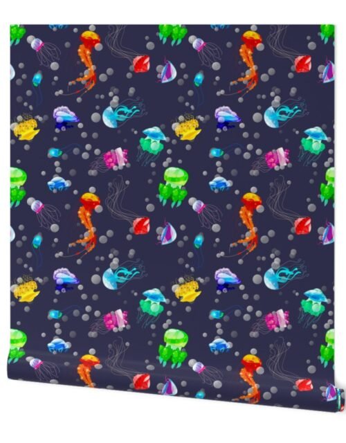 Bright Neon Rainbow Colored Jellyfish in Deep Arctic Ocean Blue Wallpaper