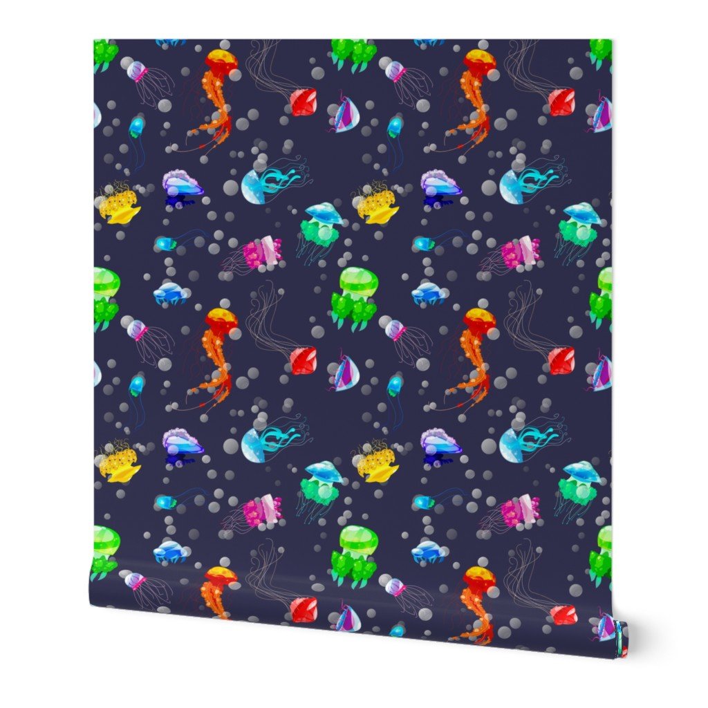 Bright Neon Rainbow Colored Jellyfish in Deep Arctic Ocean Blue Wallpaper Bright Neon Rainbow Colored Jellyfish in Deep Arctic Ocean Blue Wallpaper