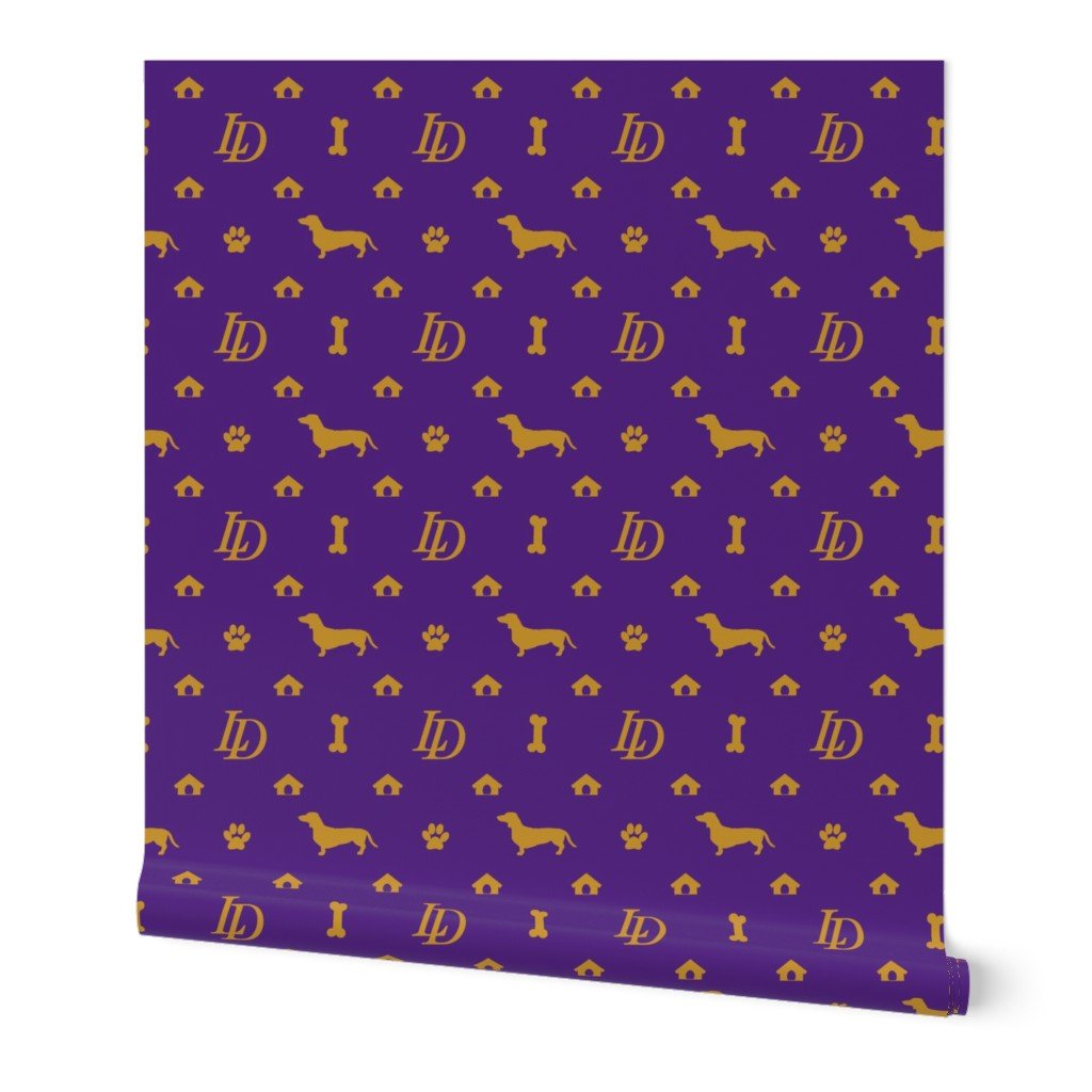 Louis Luxury Monogram Mini Dachsunds on WKC Purple and Gold Wallpaper Louis Luxury Monogram Mini Dachsunds on WKC Purple and Gold Wallpaper