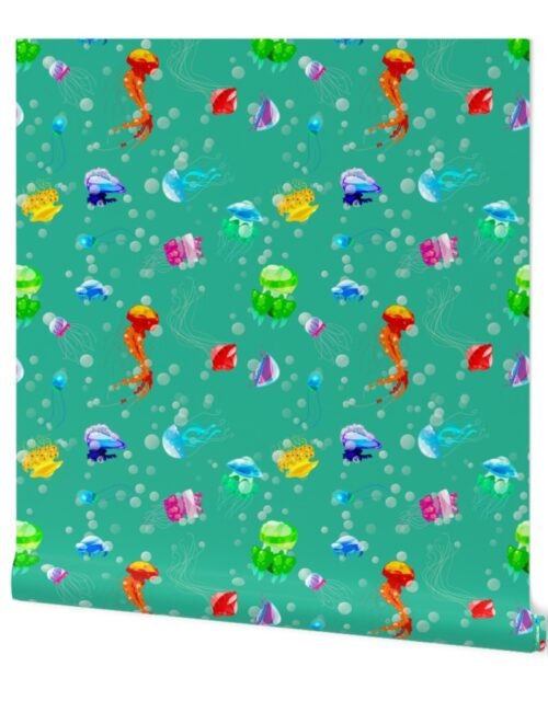 Bright Neon Rainbow Colored Jellyfish in Deep Indian Ocean Aqua Blue Wallpaper