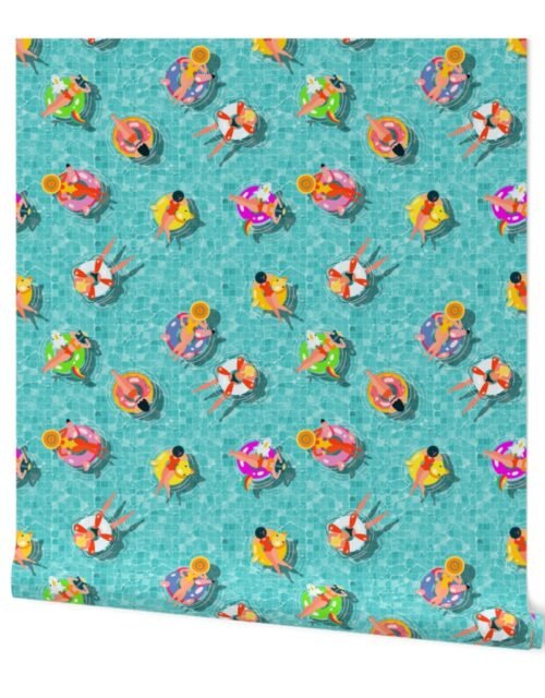 Aqua Summer Pool Party with Ring Floats and Swimmers Wallpaper