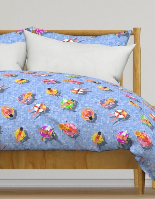 Blue Summer Pool Party with Ring Floats and Swimmers Duvet Cover