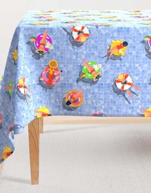 Blue Summer Pool Party with Ring Floats and Swimmers Rectangular Tablecloth
