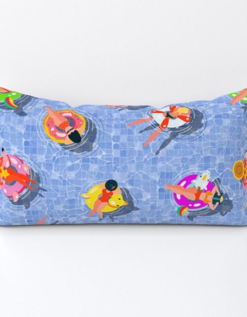 Blue Summer Pool Party with Ring Floats and Swimmers Lumbar Throw Pillow