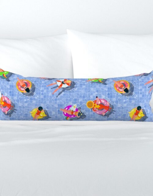 Blue Summer Pool Party with Ring Floats and Swimmers Extra Long Lumbar Pillow