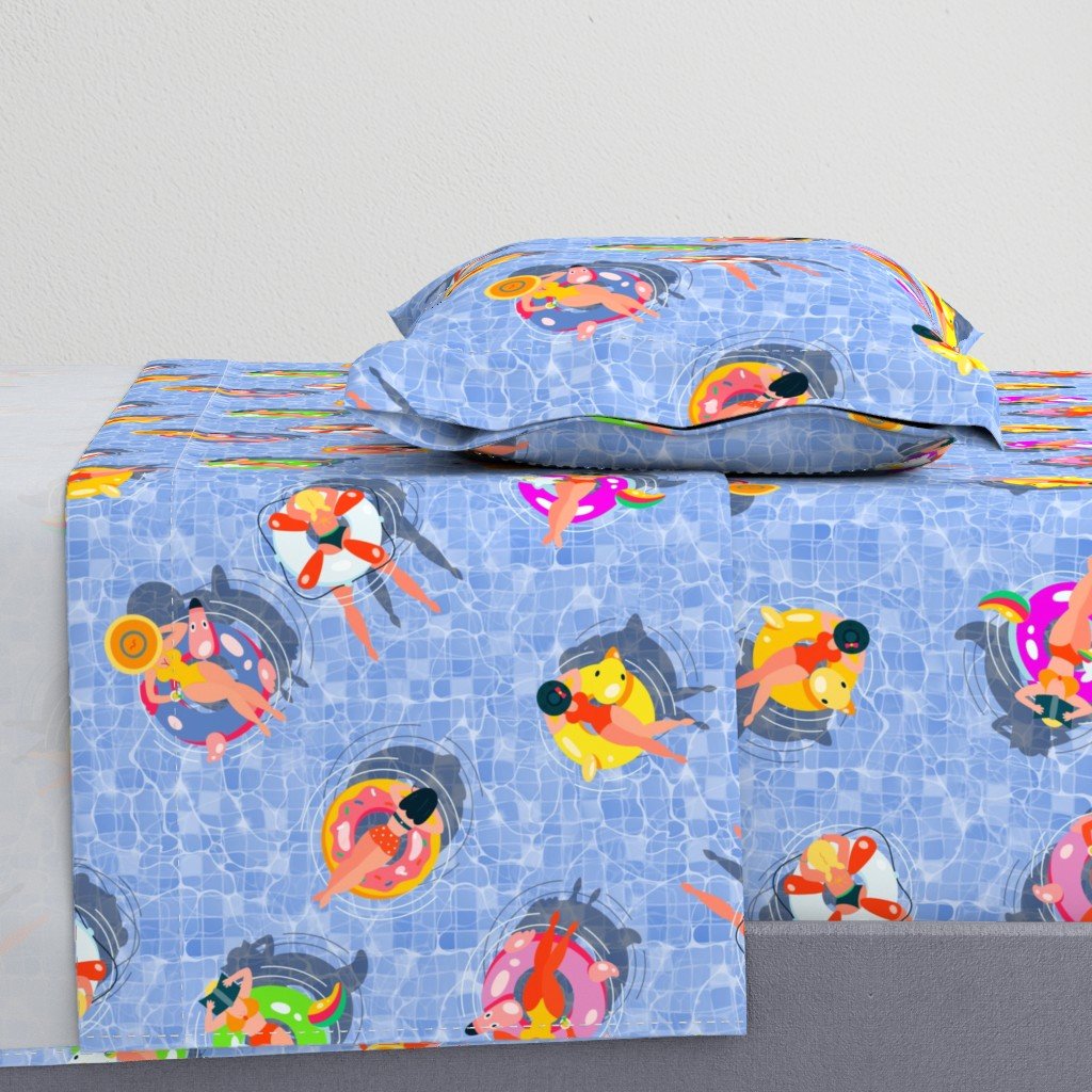 Blue Summer Pool Party with Ring Floats and Swimmers Sheet Set Blue Summer Pool Party with Ring Floats and Swimmers Sheet Set