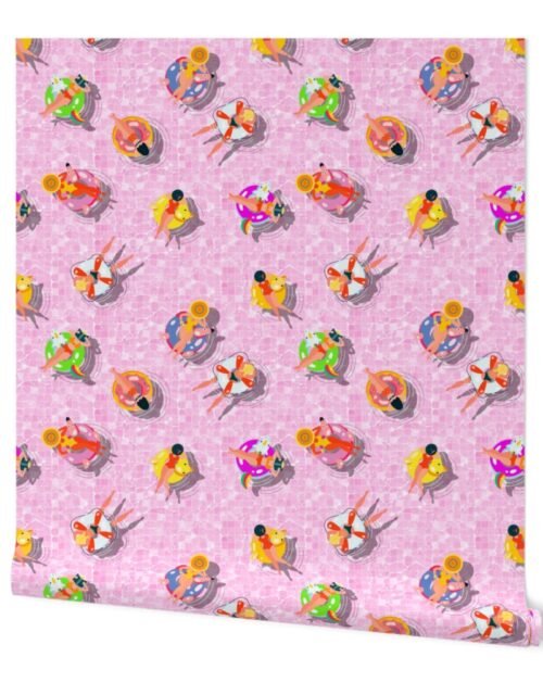 Pink Summer Pool Party with Ring Floats and Swimmers Wallpaper