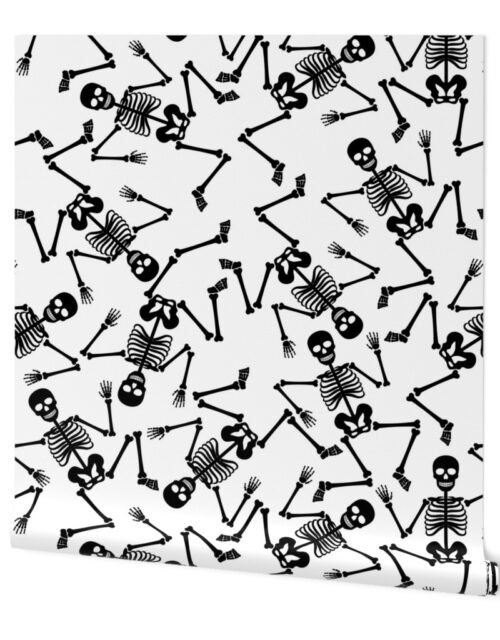 Large Black Dancing Halloween Skeletons Scattered On White Wallpaper
