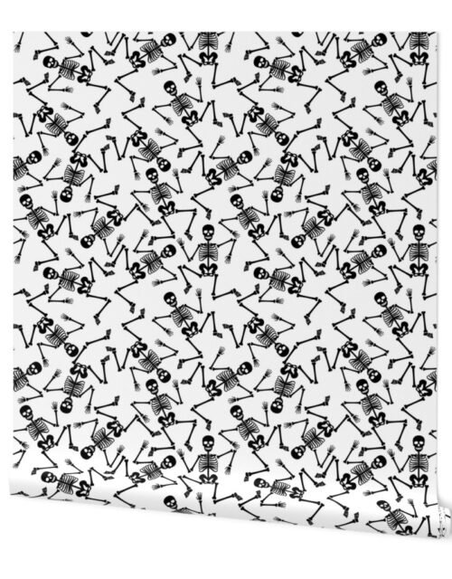 Black Dancing Halloween Skeletons Scattered On White Wallpaper