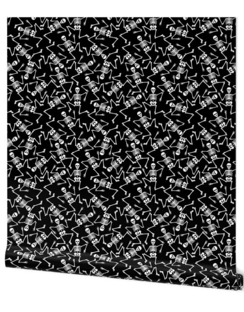 White Dancing Halloween Skeletons On Black Wallpaper