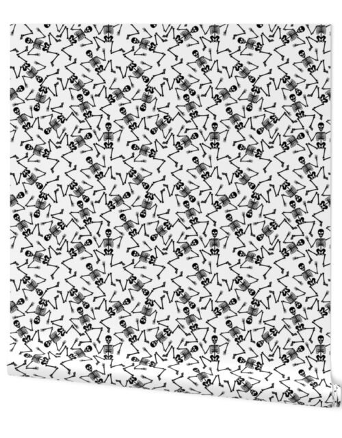 Small Black  Dancing Halloween Skeletons Scattered On White Wallpaper