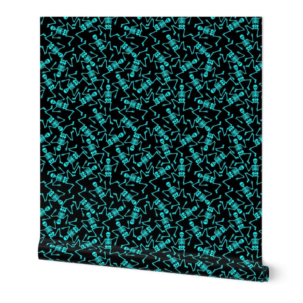 Small Bright Aqua Dancing Halloween Skeletons Scattered On Black Wallpaper Small Bright Aqua Dancing Halloween Skeletons Scattered On Black Wallpaper
