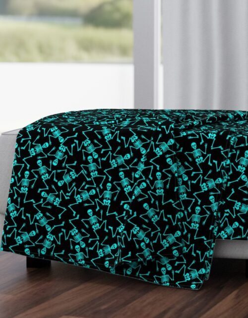 Small  Bright Aqua Dancing Halloween Skeletons Scattered On Black Throw Blanket