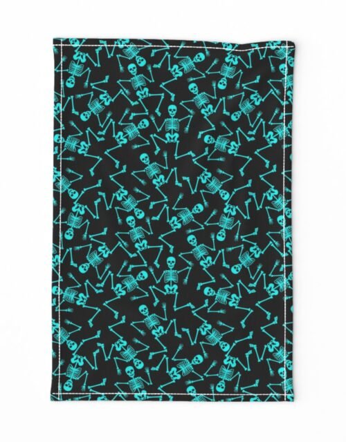 Small  Bright Aqua Dancing Halloween Skeletons Scattered On Black Tea Towel