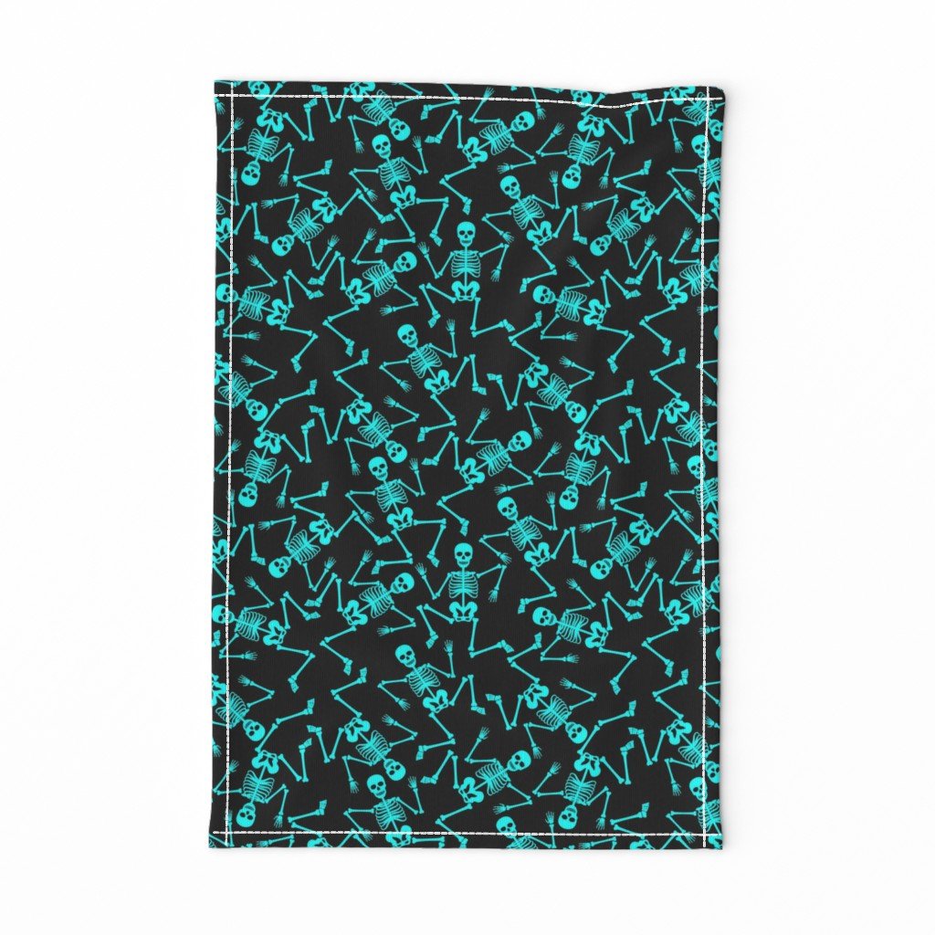 Small Bright Aqua Dancing Halloween Skeletons Scattered On Black Tea Towel Small Bright Aqua Dancing Halloween Skeletons Scattered On Black Tea Towel