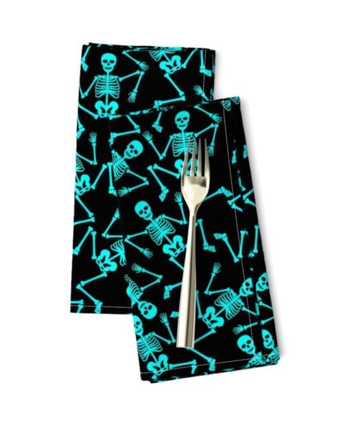 Small  Bright Aqua Dancing Halloween Skeletons Scattered On Black Dinner Napkins