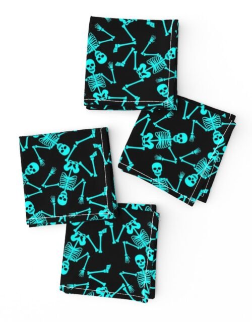 Small  Bright Aqua Dancing Halloween Skeletons Scattered On Black Cocktail Napkins