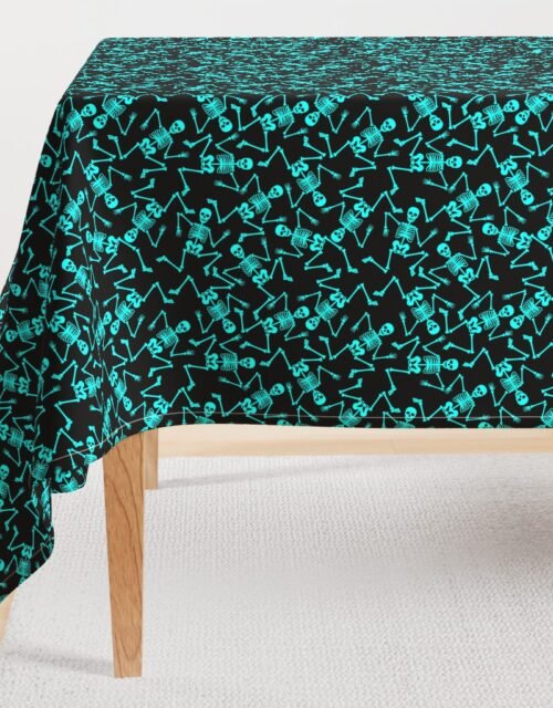 Small  Bright Aqua Dancing Halloween Skeletons Scattered On Black Rectangular Tablecloth