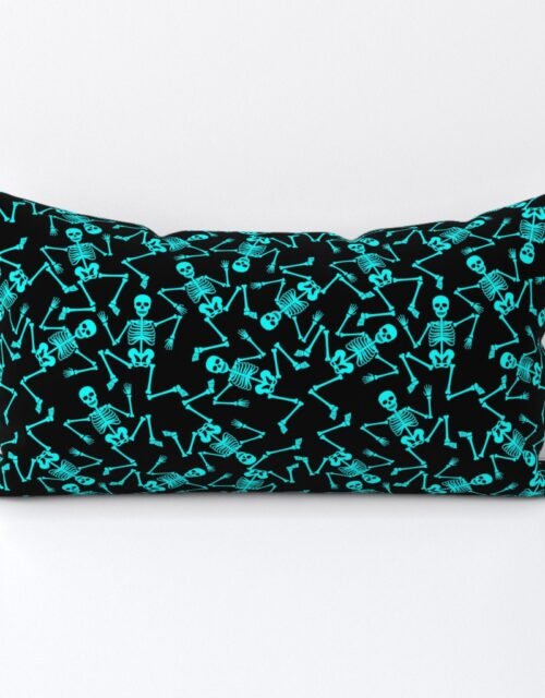 Small  Bright Aqua Dancing Halloween Skeletons Scattered On Black Lumbar Throw Pillow