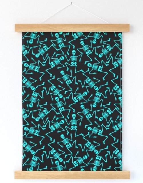 Small  Bright Aqua Dancing Halloween Skeletons Scattered On Black Wall Hanging