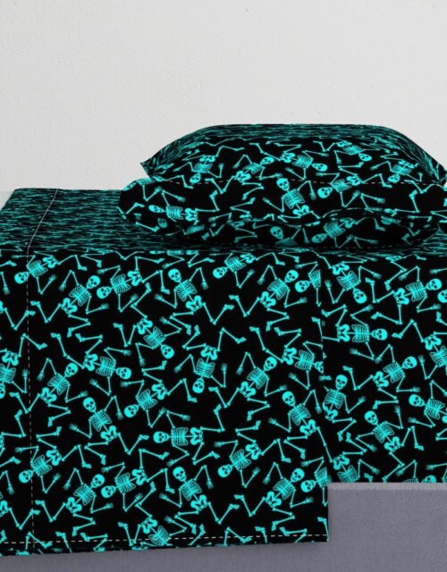 Small  Bright Aqua Dancing Halloween Skeletons Scattered On Black Sheet Set