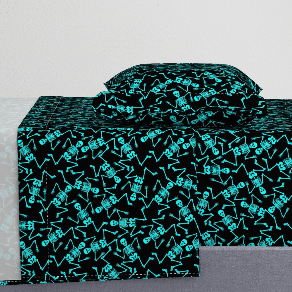 Small Bright Aqua Dancing Halloween Skeletons Scattered On Black Sheet Set Small Bright Aqua Dancing Halloween Skeletons Scattered On Black Sheet Set