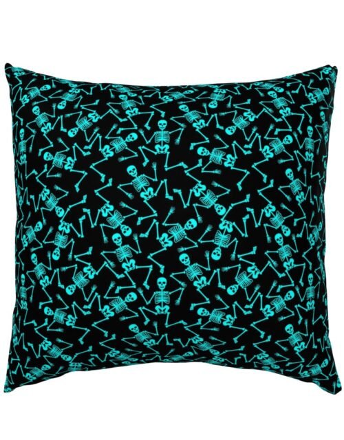 Small  Bright Aqua Dancing Halloween Skeletons Scattered On Black Euro Pillow Sham