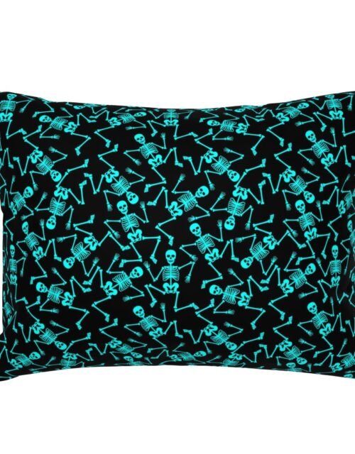 Small  Bright Aqua Dancing Halloween Skeletons Scattered On Black Standard Pillow Sham