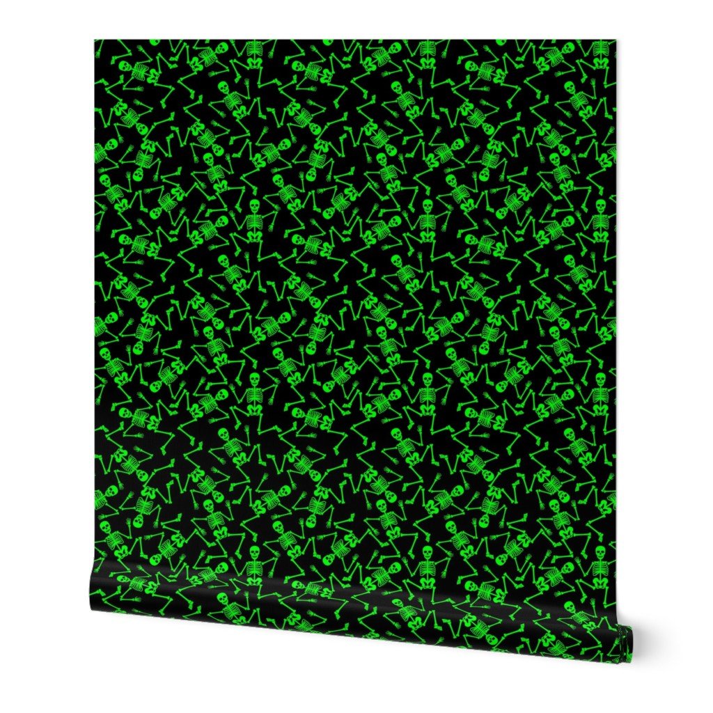 Small Bright Green Dancing Halloween Skeletons Scattered On Black Wallpaper Small Bright Green Dancing Halloween Skeletons Scattered On Black Wallpaper