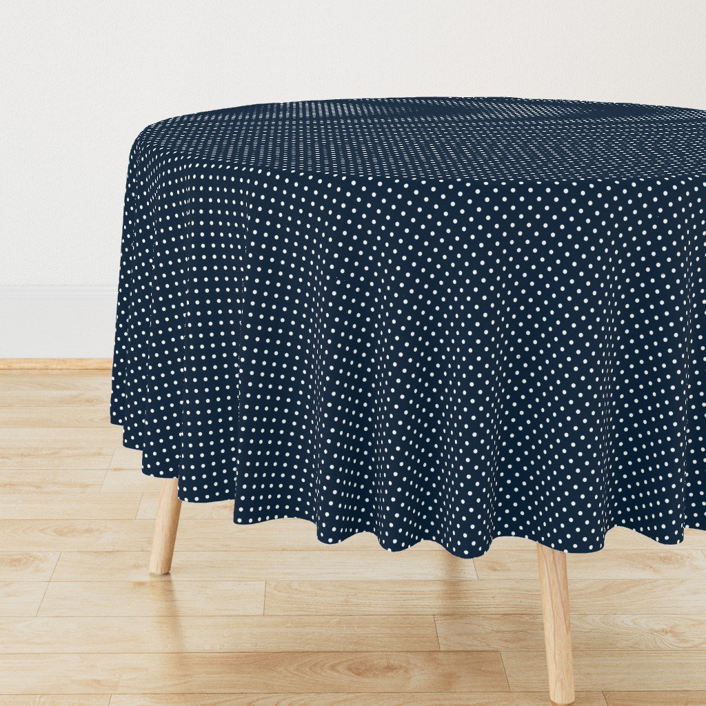 1/4 inch Classic White Polkadots on Navy Blue Round Tablecloth 1/4 inch Classic White Polkadots on Navy Blue Round Tablecloth
