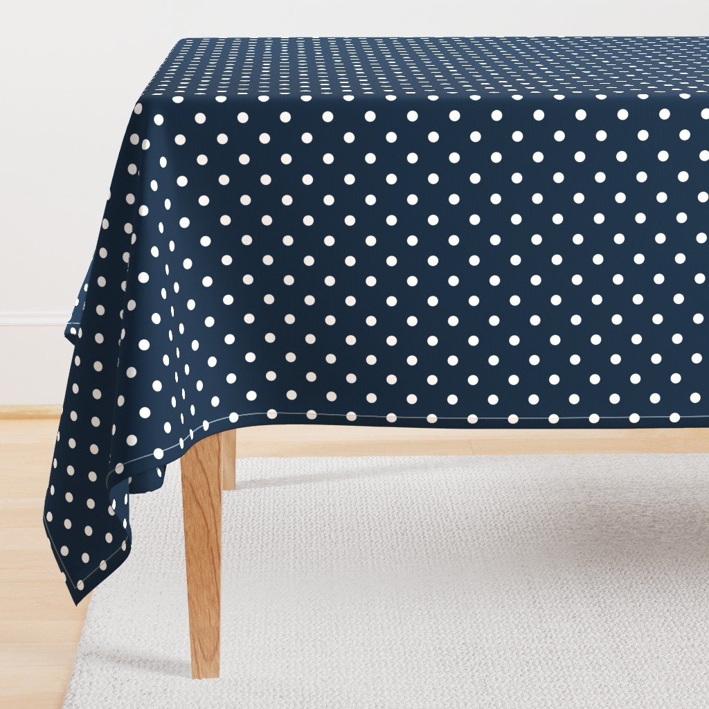 1/2 inch Classic White Polkadots on Navy Blue Rectangular Tablecloth 1/2 inch Classic White Polkadots on Navy Blue Rectangular Tablecloth