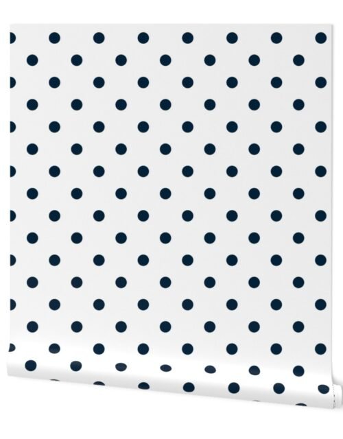 1 inch Classic Navy Blue Polkadots on White Wallpaper