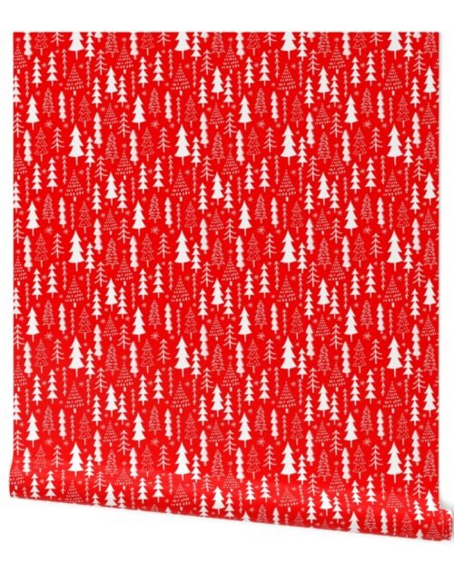 Festive Doodles of White Christmas Trees with Snow  on Christmas Velvet Red Wallpaper