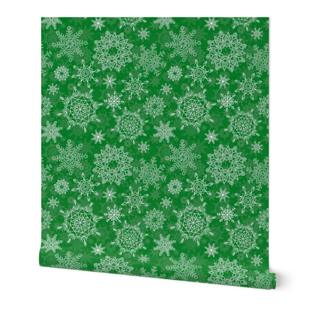 Festive White Christmas Holiday Snowflakes on Tree Green Wallpaper Festive White Christmas Holiday Snowflakes on Tree Green Wallpaper