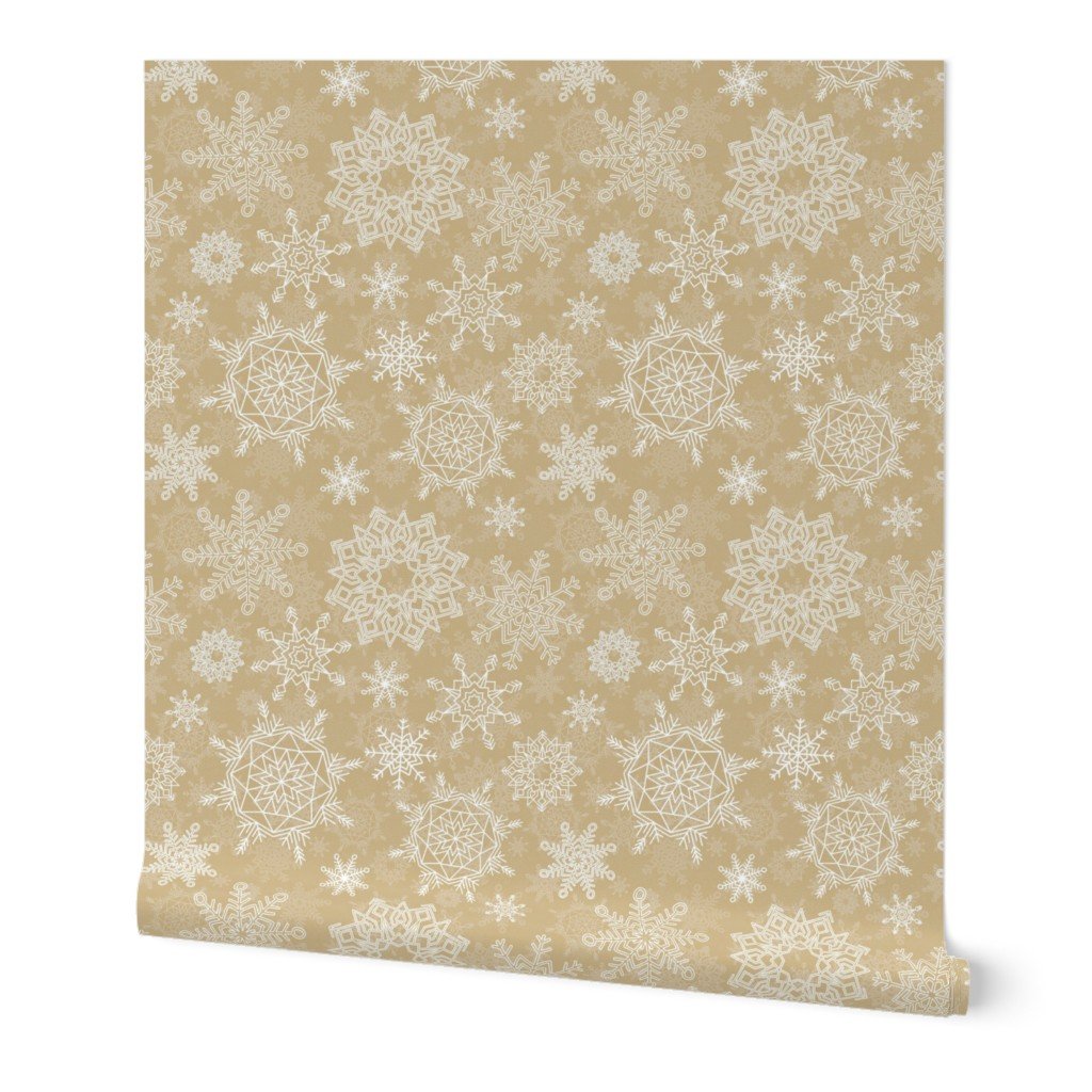 Festive White Christmas Holiday Snowflakes on Antique Gold Wallpaper Festive White Christmas Holiday Snowflakes on Antique Gold Wallpaper