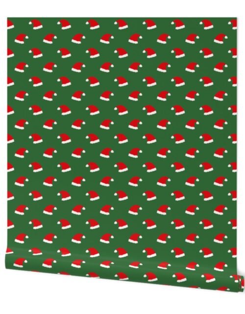 Small Jolly Old Saint Nick Red Santa Christmas Hats on  Tree Green Wallpaper
