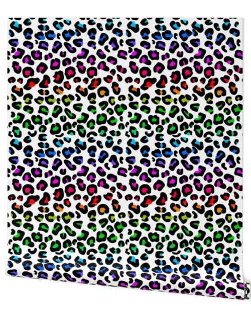 Bright Neon Rainbow Colored Leopard Spots on White Wallpaper
