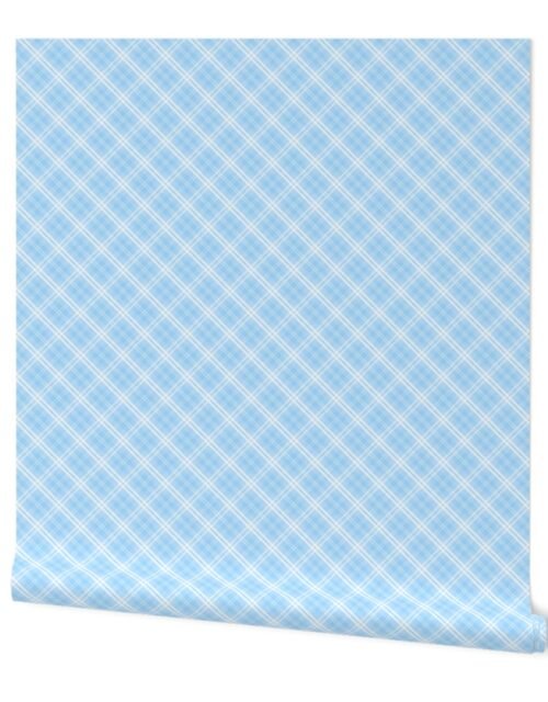 Diagonal Tartan Check Plaid in Pastel Baby Blue with White Lines Wallpaper