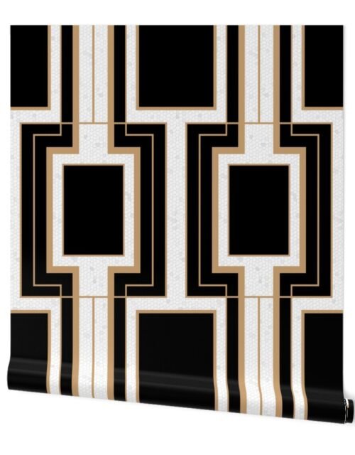Jumbo Art Deco Geometric Rectangles in Black and Faux Gold with Off-White Eggshell Craquelure Pattern Wallpaper