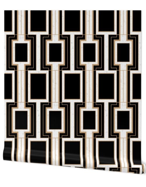 Small Art Deco Geometric Rectangles in Black and Faux Gold with Off-White Eggshell Craquelure Pattern Wallpaper
