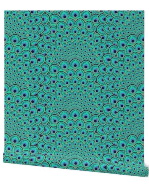 Art Deco Peacock Feathers Turquoise Green Blue and Gold Wallpaper
