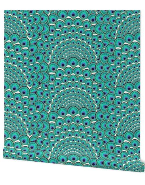 Art Deco Peacock Feathers White Jade Green Blue and Gold Wallpaper