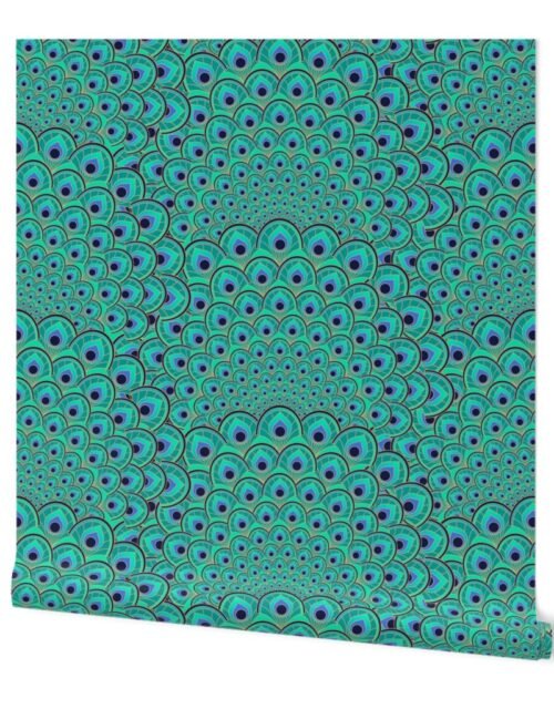 Art Deco Peacock Feathers White Jade Green Blue and Gold Wallpaper