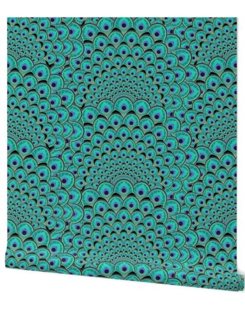 Art Deco Peacock Feathers Black Jade Green Blue and Gold Wallpaper