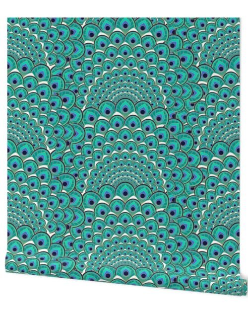 Art Deco Peacock Feathers White Jade Green Blue and Gold Wallpaper