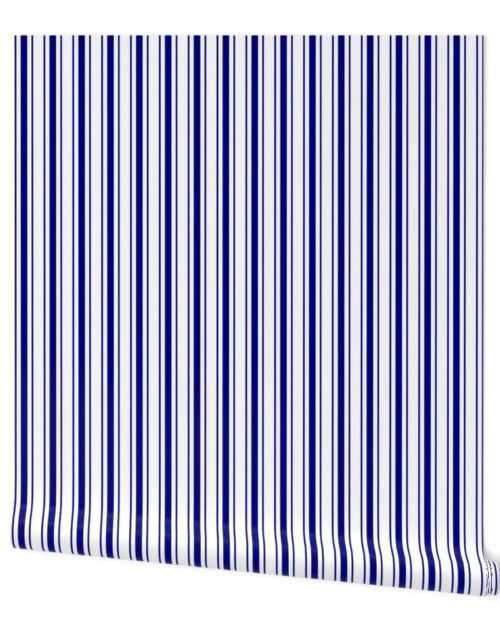 Classic Navy Blue Mattress Ticking Bed Stripe on White Wallpaper