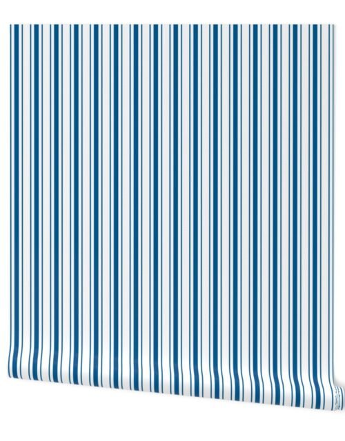 Classic Imperial Blue White Mattress Ticking Bed Stripe on White Wallpaper