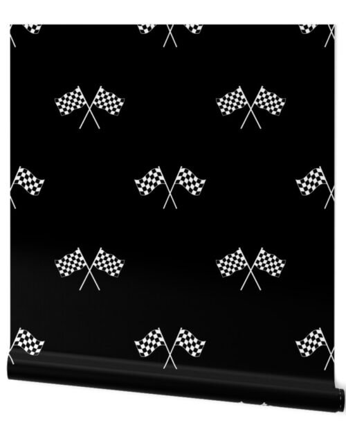 Small Black and White Classic Chequered Flags on  Black Wallpaper