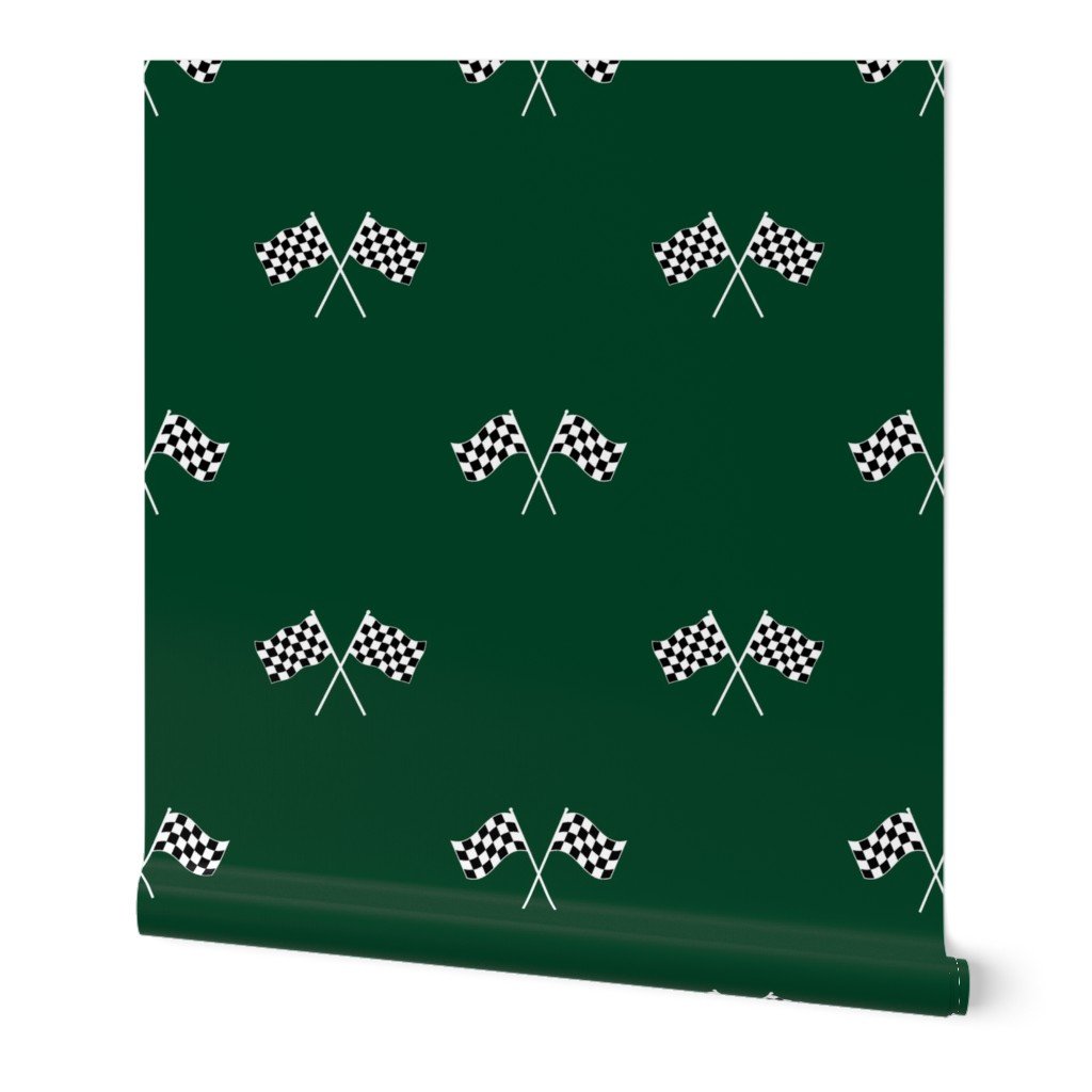 White Classic Chequered Flags on Racing Car Green Wallpaper White Classic Chequered Flags on Racing Car Green Wallpaper
